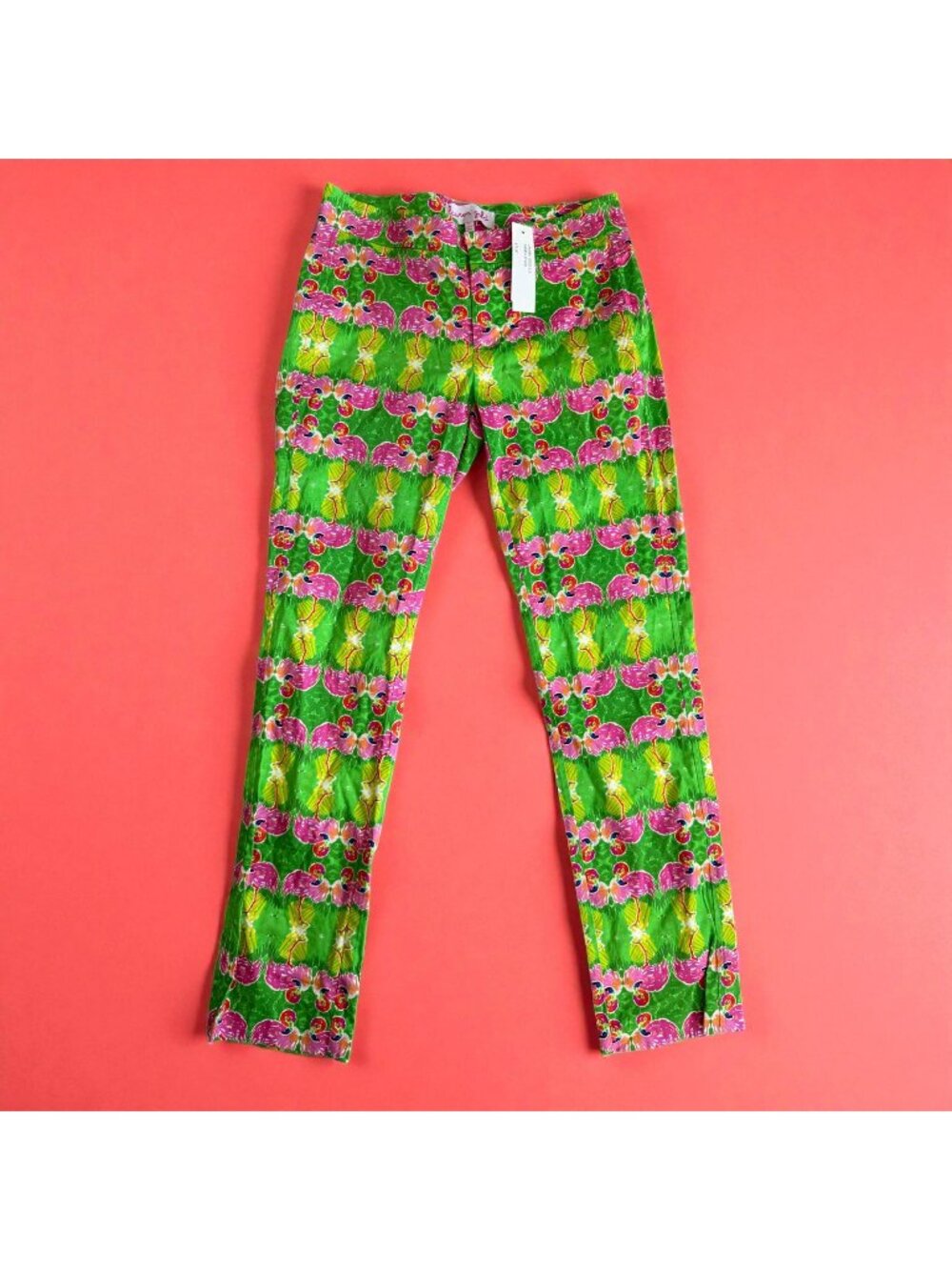 LAUREN GOLD Flamingo Print Green Pink Ankle Pants Size 0 NEW NWT